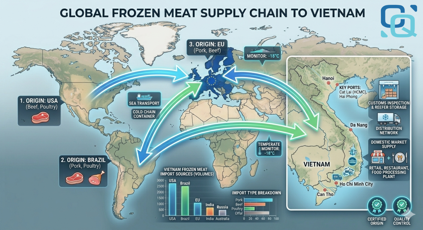 chuỗi cung ứng thịt đông lạnh nhập khẩu vào Việt Nam